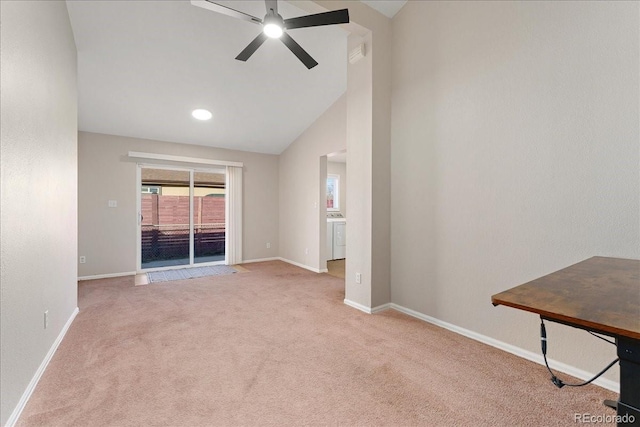 3300 W 2nd Ave, Denver, CO 80219 - empty room featuring ceiling fan, carpet, and lofted ceiling