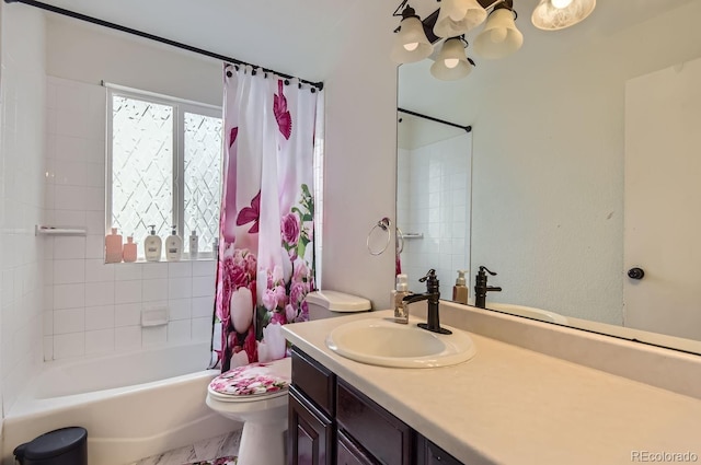 full bathroom featuring toilet, vanity, and shower / bathtub combination with curtain