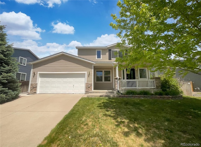 12550 Eastlake Dr, Thornton, CO 80241 - view of front facade featuring stone siding, an attached garage, driveway, a porch, and a front yard