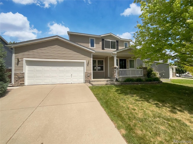 12550 Eastlake Dr, Thornton, CO 80241 - view of front facade featuring stone siding, a porch, concrete driveway, and a front lawn