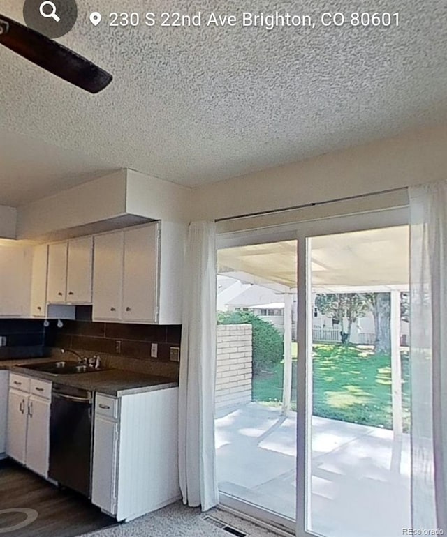 kitchen featuring tasteful backsplash, white cabinetry, sink, and stainless steel dishwasher