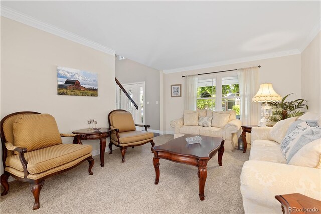 1774 Spring Water Pl, Highlands Ranch, CO 80129 - living area with ornamental molding, light carpet, stairs, and baseboards