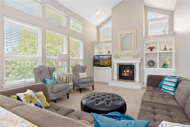 1774 Spring Water Pl, Highlands Ranch, CO 80129 - carpeted living room with high vaulted ceiling and a glass covered fireplace