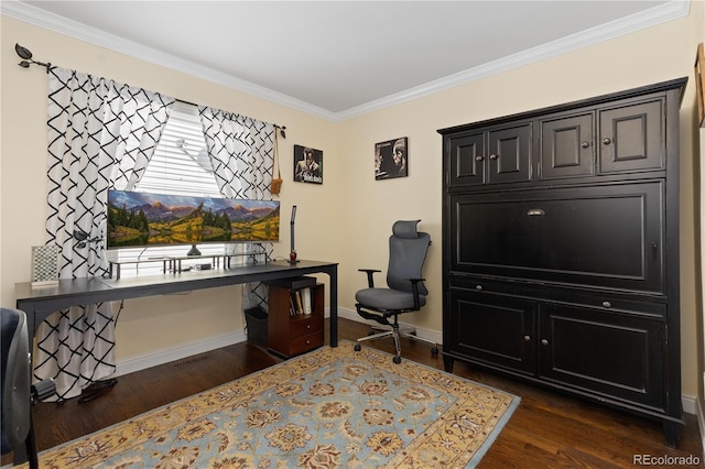 1774 Spring Water Pl, Highlands Ranch, CO 80129 - office featuring crown molding, dark wood-style floors, and baseboards
