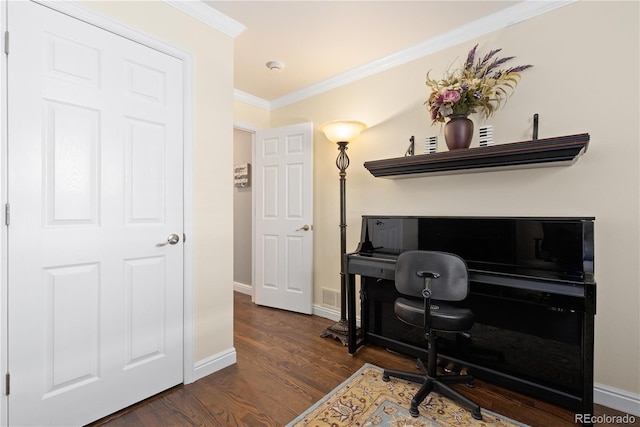 1774 Spring Water Pl, Highlands Ranch, CO 80129 - office area with dark wood-style flooring, ornamental molding, and baseboards