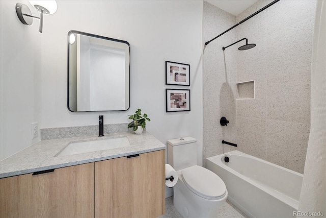 full bathroom with toilet, vanity, and shower / bathtub combination with curtain