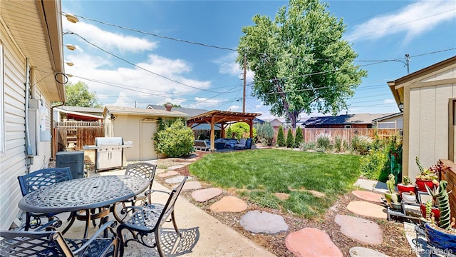 1741 W 55th Pl, Denver, CO 80221 - fenced backyard featuring a patio, a shed, and a pergola