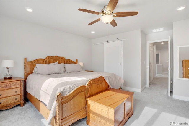 bedroom with recessed lighting, visible vents, baseboards, and light colored carpet