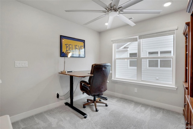 office featuring recessed lighting, carpet flooring, visible vents, and baseboards