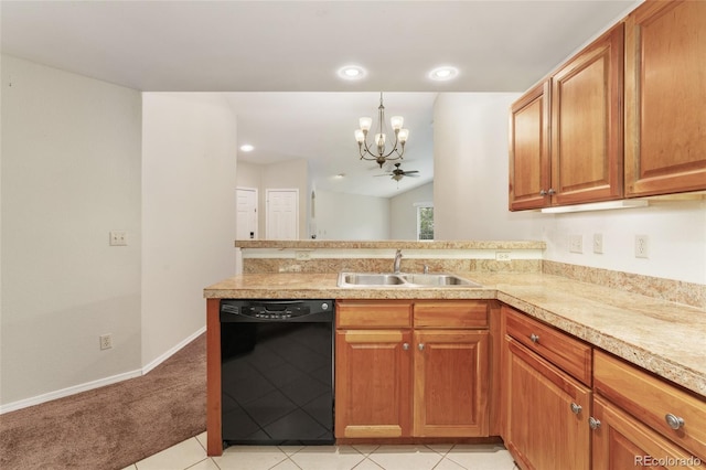 kitchen featuring lofted ceiling, sink, light carpet, an inviting chandelier, and black dishwasher