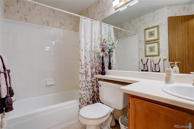 full bathroom with toilet, vanity, and shower / tub combo with curtain