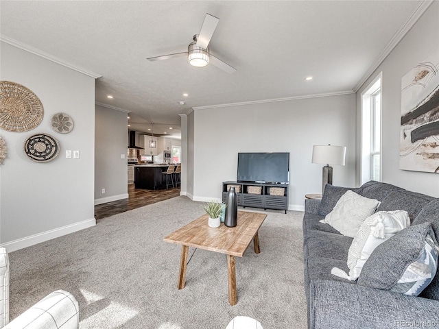 carpeted living room with ceiling fan and ornamental molding