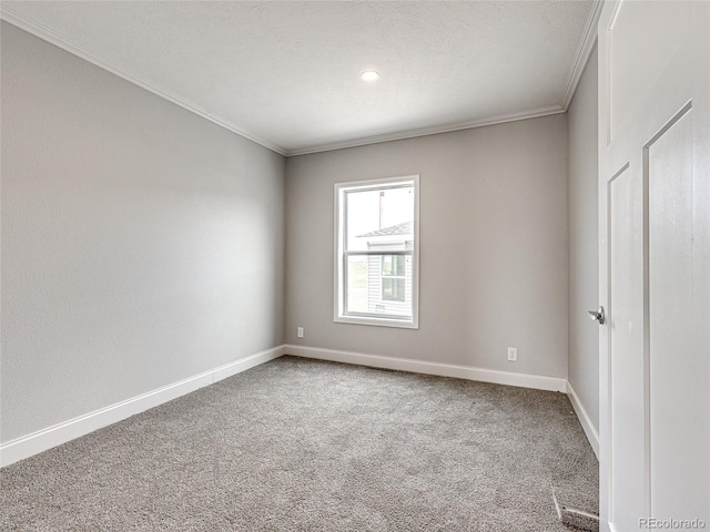 unfurnished room featuring ornamental molding and carpet flooring