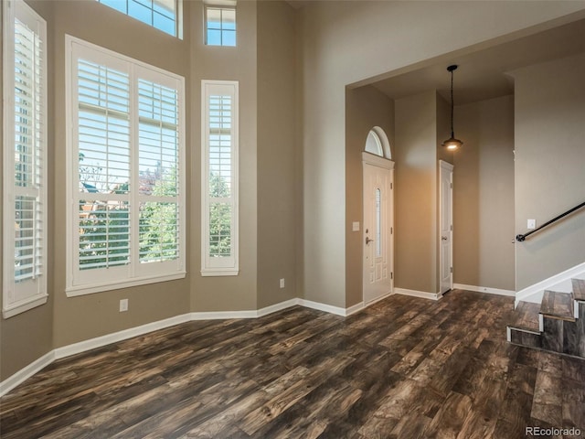 entrance foyer featuring a towering ceiling and dark wood-type flooring