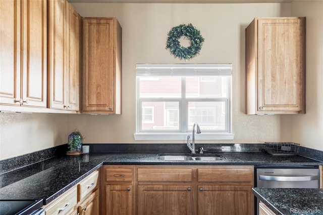 kitchen featuring sink, dark stone counters, and dishwasher