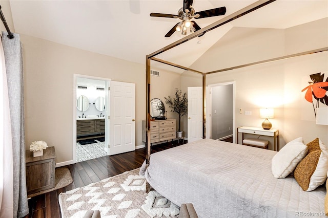 22026 Hill Gail Way, Parker, CO 80138 - bedroom featuring hardwood / wood-style flooring, baseboards, connected bathroom, a ceiling fan, and high vaulted ceiling