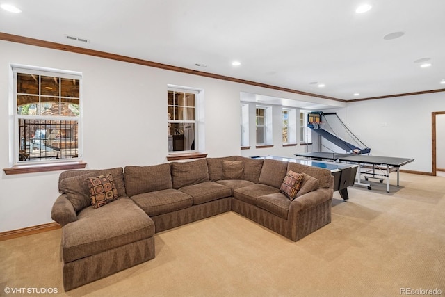 living room featuring baseboards, light carpet, and recessed lighting