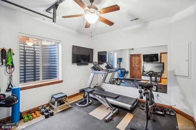 exercise room with visible vents, a ceiling fan, and baseboards