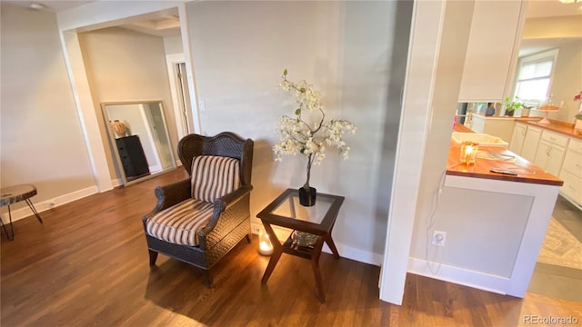 living area with baseboards and wood finished floors