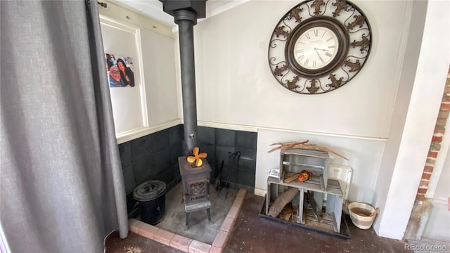 bathroom with a wood stove