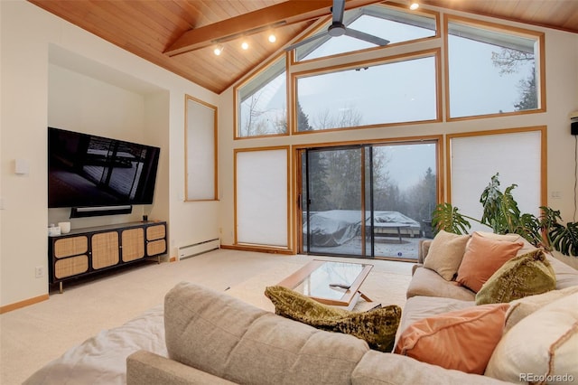 2720 S Spring Gulch Rd, Idaho Springs, CO 80452 - carpeted living area with wooden ceiling, baseboard heating, a ceiling fan, healthy amount of natural light, and high vaulted ceiling