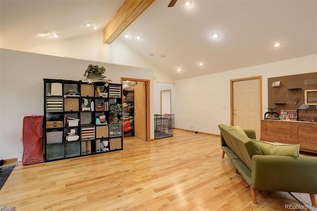 2720 S Spring Gulch Rd, Idaho Springs, CO 80452 - living room featuring beamed ceiling, wood finished floors, recessed lighting, ceiling fan, and high vaulted ceiling