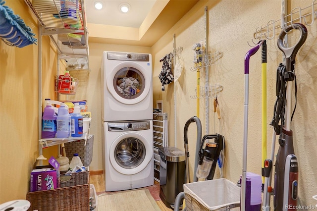 2720 S Spring Gulch Rd, Idaho Springs, CO 80452 - laundry area featuring stacked washing machine and dryer and recessed lighting