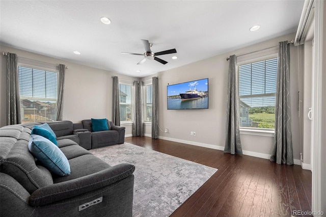 398 Midden Pl, Castle Rock, CO 80104 - living room with ceiling fan, dark wood-style flooring, and recessed lighting