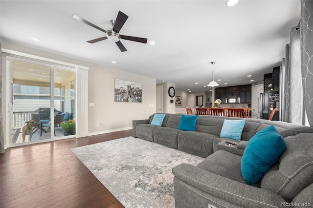 398 Midden Pl, Castle Rock, CO 80104 - living room featuring ceiling fan, dark wood-style flooring, and recessed lighting