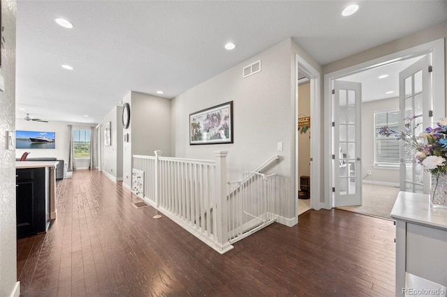 398 Midden Pl, Castle Rock, CO 80104 - hall featuring an upstairs landing, dark wood finished floors, and recessed lighting