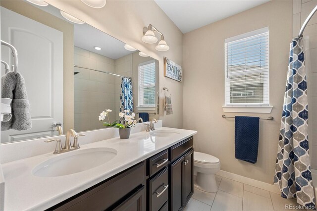398 Midden Pl, Castle Rock, CO 80104 - full bathroom featuring double vanity, tiled shower, and tile patterned flooring