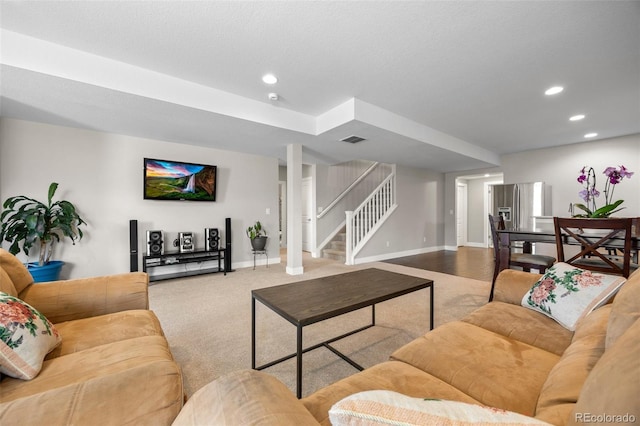 398 Midden Pl, Castle Rock, CO 80104 - carpeted living room with stairs and recessed lighting