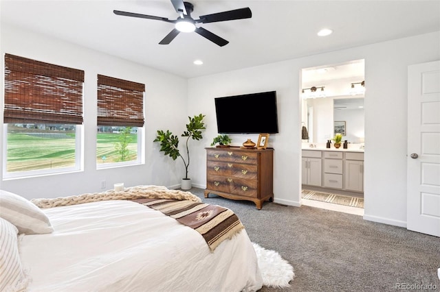 8057 Monte Vista Cir, Littleton, CO 80125 - carpeted bedroom with baseboards, a ceiling fan, connected bathroom, and recessed lighting
