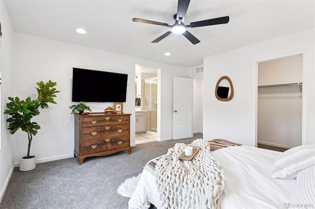 8057 Monte Vista Cir, Littleton, CO 80125 - bedroom featuring carpet floors, baseboards, recessed lighting, ceiling fan, and ensuite bath