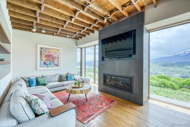 421 Z Rd, Silverthorne, CO 80498 - living area featuring a wood ceiling with exposed beams, hardwood / wood-style floors, and a large fireplace