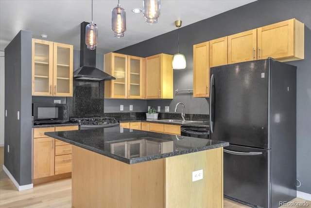 1438 Little Raven St Unit 201, Denver, CO 80202 - kitchen with black appliances, wall chimney exhaust hood, light brown cabinets, light wood-style flooring, and a kitchen island