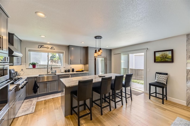 904 Fieldstone Pl, Highlands Ranch, CO 80126 - kitchen with a sink, stainless steel appliances, gray cabinetry, decorative backsplash, and light wood-style flooring