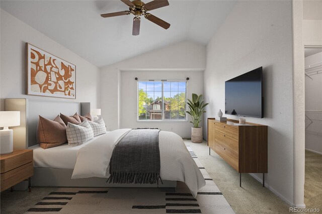3087 Deer Creek Trl, Highlands Ranch, CO 80129 - bedroom featuring light colored carpet, lofted ceiling, and a ceiling fan
