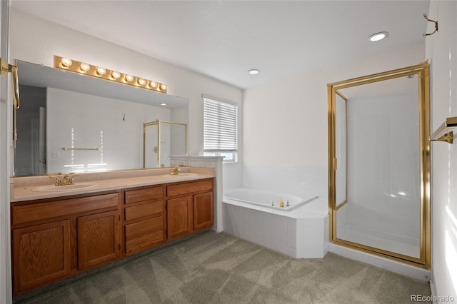 3087 Deer Creek Trl, Highlands Ranch, CO 80129 - bathroom featuring a stall shower, double vanity, a bath, and recessed lighting