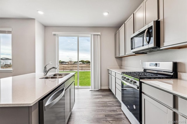 14440 Ranch St, Mead, CO 80504 - kitchen featuring appliances with stainless steel finishes, plenty of natural light, wood finished floors, recessed lighting, and a center island with sink
