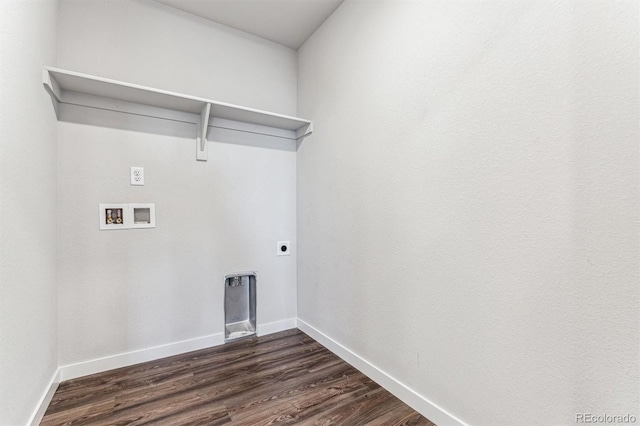 14440 Ranch St, Mead, CO 80504 - laundry area featuring hookup for a washing machine, dark wood finished floors, and electric dryer hookup