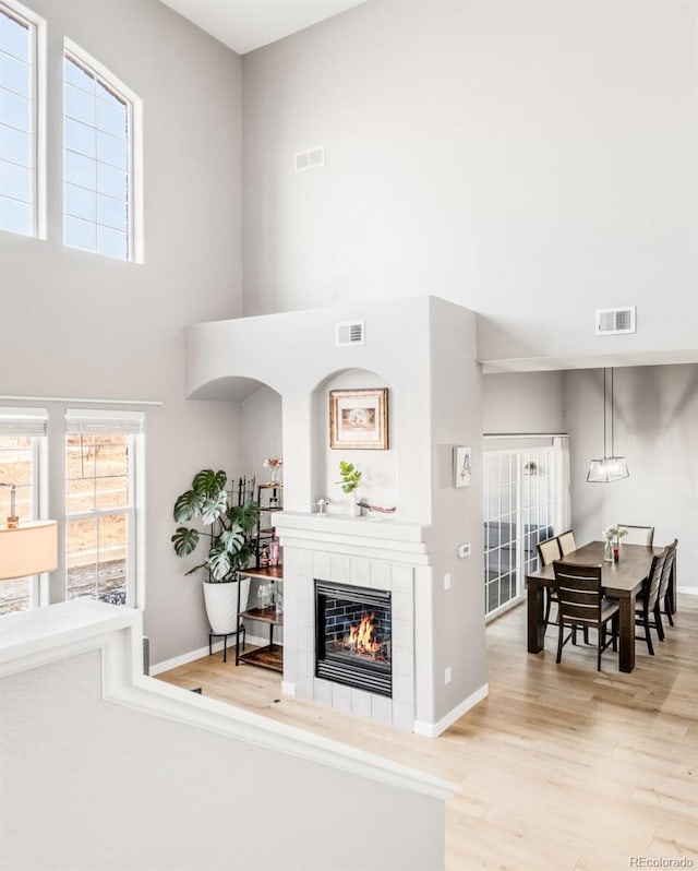 living room with light hardwood / wood-style floors and a fireplace