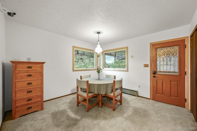 2169 Vigilante Ave, Bailey, CO 80421 - dining room with baseboard heating, light colored carpet, and a textured ceiling