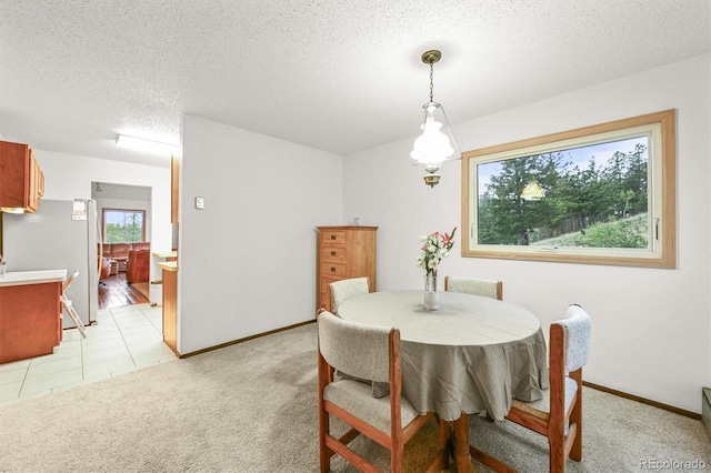 2169 Vigilante Ave, Bailey, CO 80421 - dining room with a textured ceiling, light carpet, and light tile patterned flooring