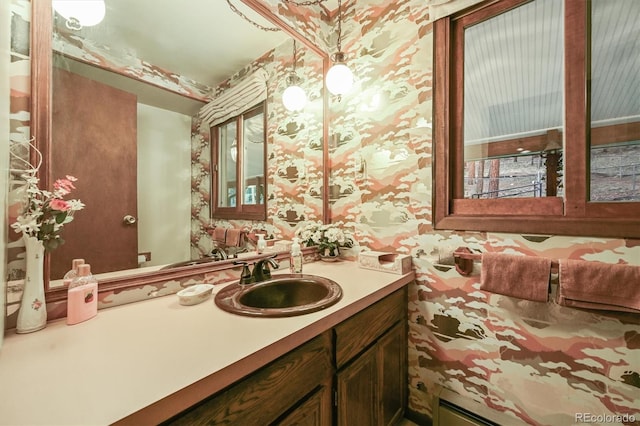 2169 Vigilante Ave, Bailey, CO 80421 - bathroom featuring vanity and wallpapered walls