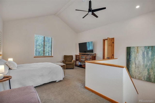 bedroom with light carpet, vaulted ceiling, recessed lighting, and ceiling fan