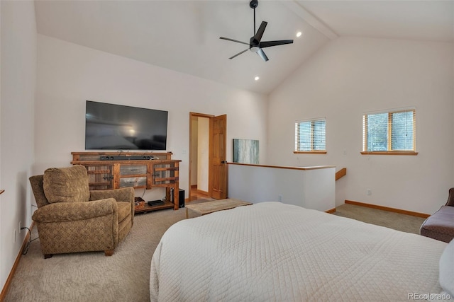 bedroom featuring high vaulted ceiling, ceiling fan, carpet, baseboards, and recessed lighting