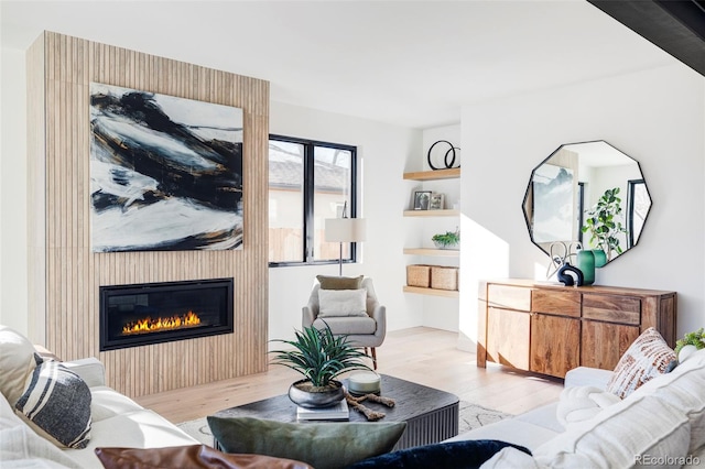 living room with a fireplace and light hardwood / wood-style floors