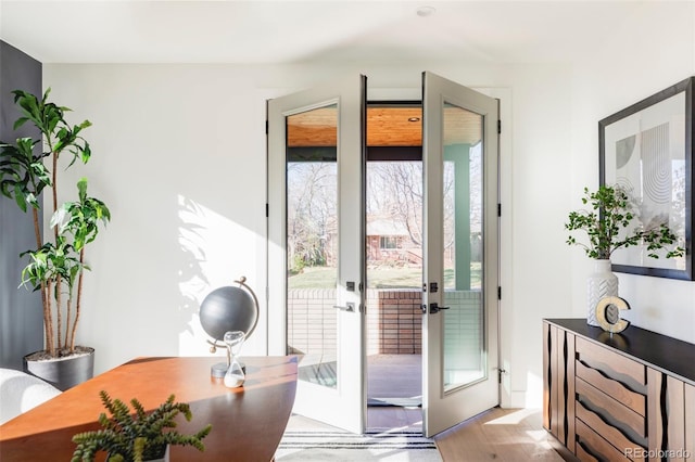 doorway to outside featuring light wood-type flooring and french doors