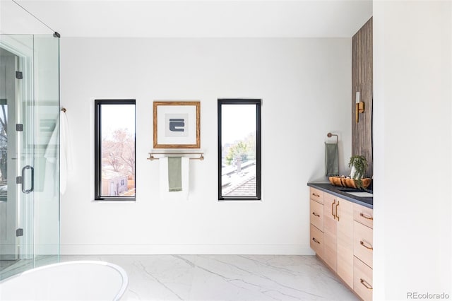 bathroom with vanity and walk in shower